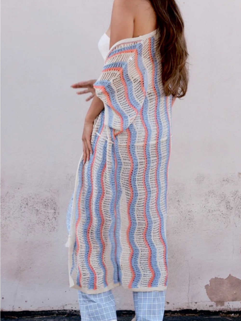 POL Crochet Stripe Kimono Coverup in Blue, Coral & Cream
